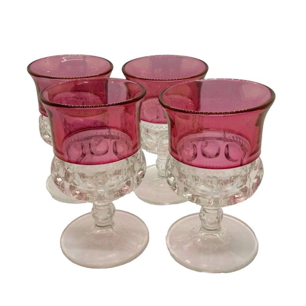 4 King's Crown Vintage Cranberry Flashed Band Thumbprint Footed Water Go…